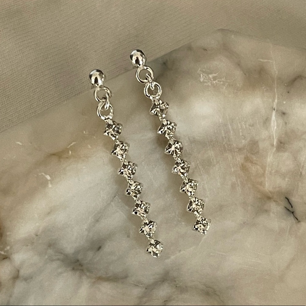 Sterling Silver 925 long rhinestone earrings minimalist prom wedding bridal - Picture 7 of 10